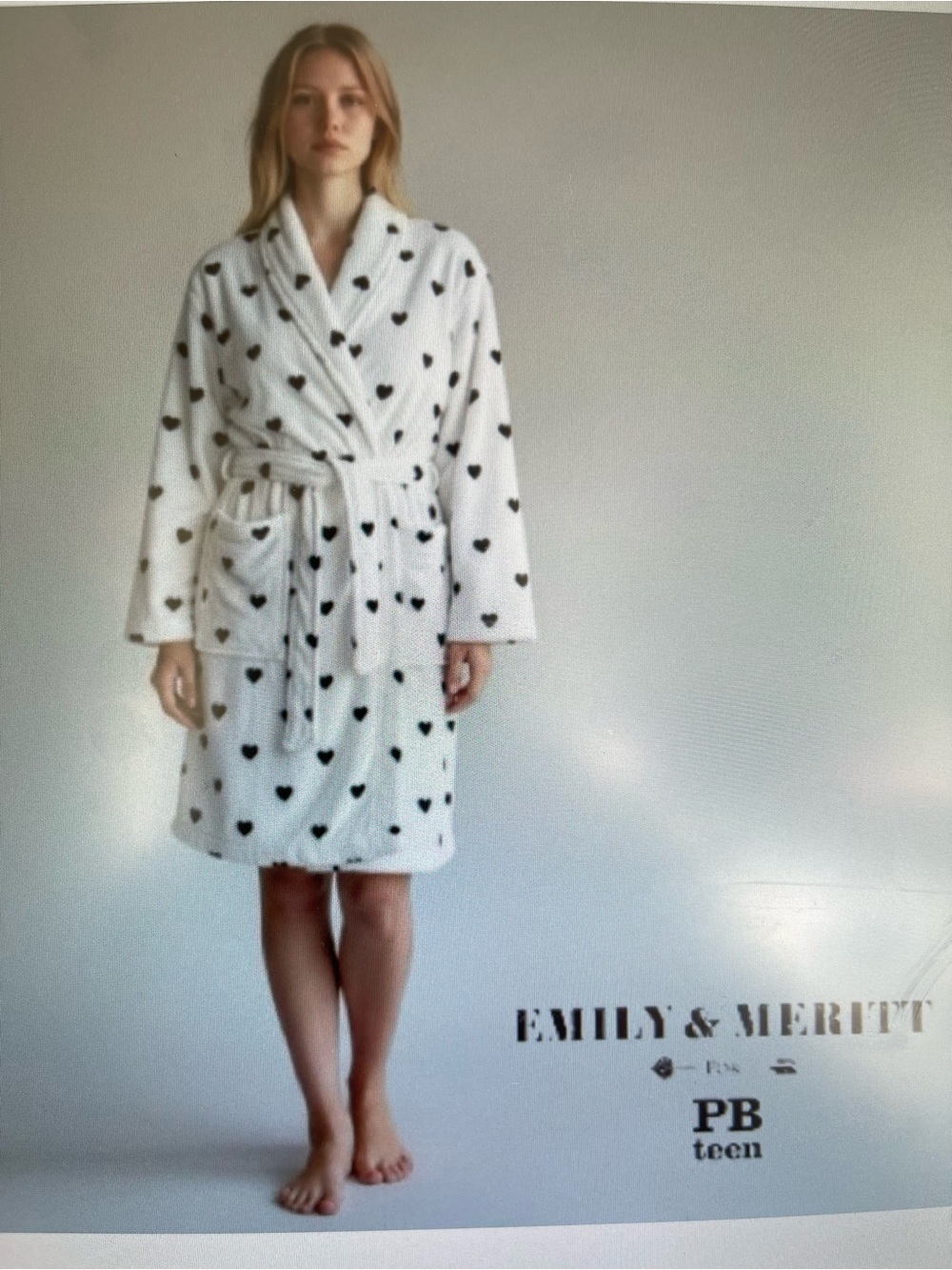 Pottery Barn Teen | Emily & Meritt Collab, Plush Hooded Ivory Robe, Black Hearts